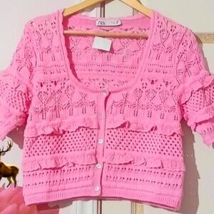 Zara Pink Knit Cardigan with Button Front, size Large